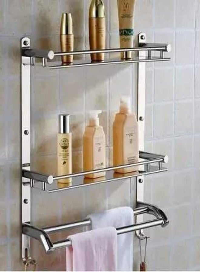Filox Stainless Steel 2-Tier Bathroom Shelf with Towel Rod | Wall Mounted Multipurpose Rack Organizer | Rust-Resistant Storage for Toiletries & Accessories | 20-Inch, Silver - Image 3